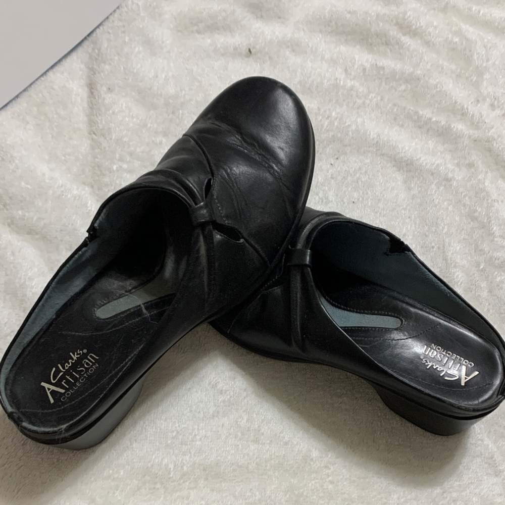 Clarks Black Leather Mules